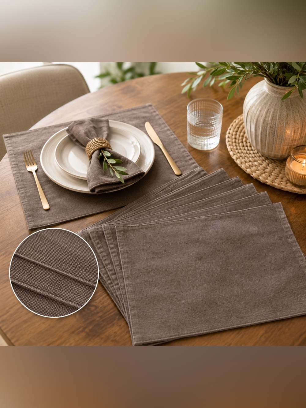 Chocolate Brown Reversible Linen Look Placemats (set of 6)
